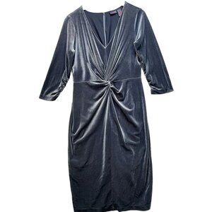 Shape FX Women's Velvet Ruched V Neck Midi Dress Long Sleeve Back Zip Sz L Slate
